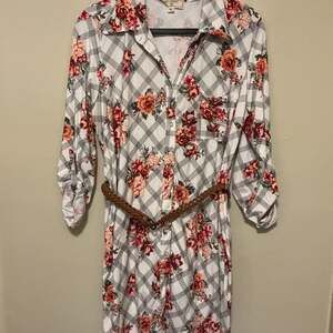 Floral Shirt Dress, Plus Size 1X — Plaid with Braided Belt